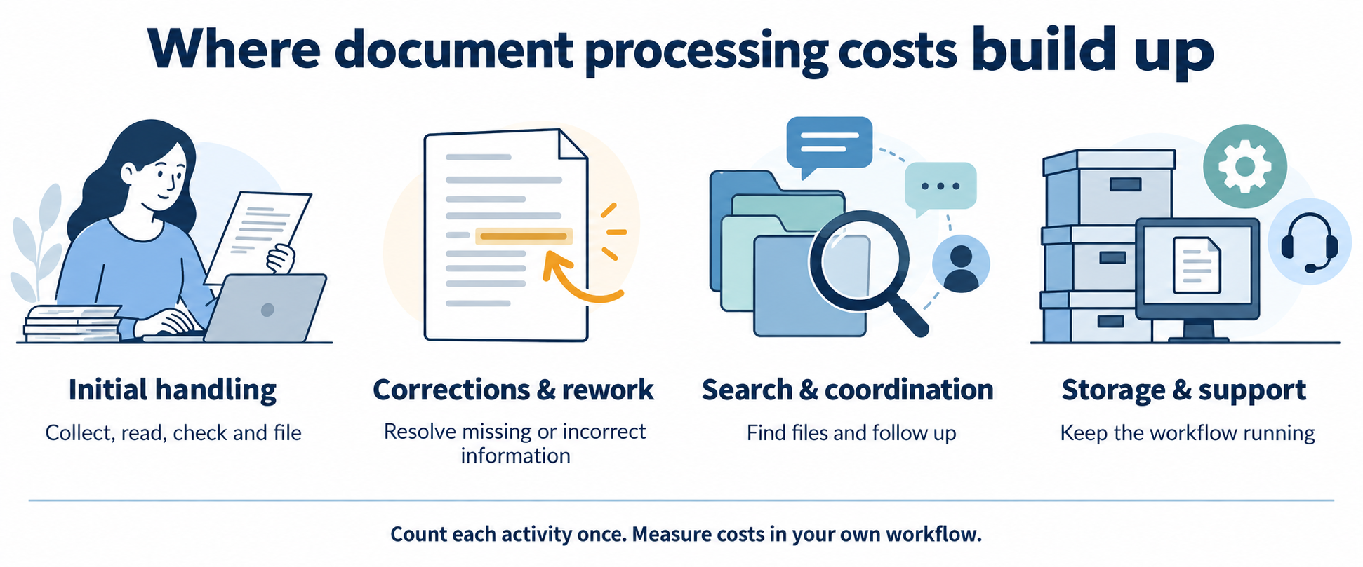 Four cost areas: initial handling, corrections and rework, search and coordination, and storage and support. Count each activity once.