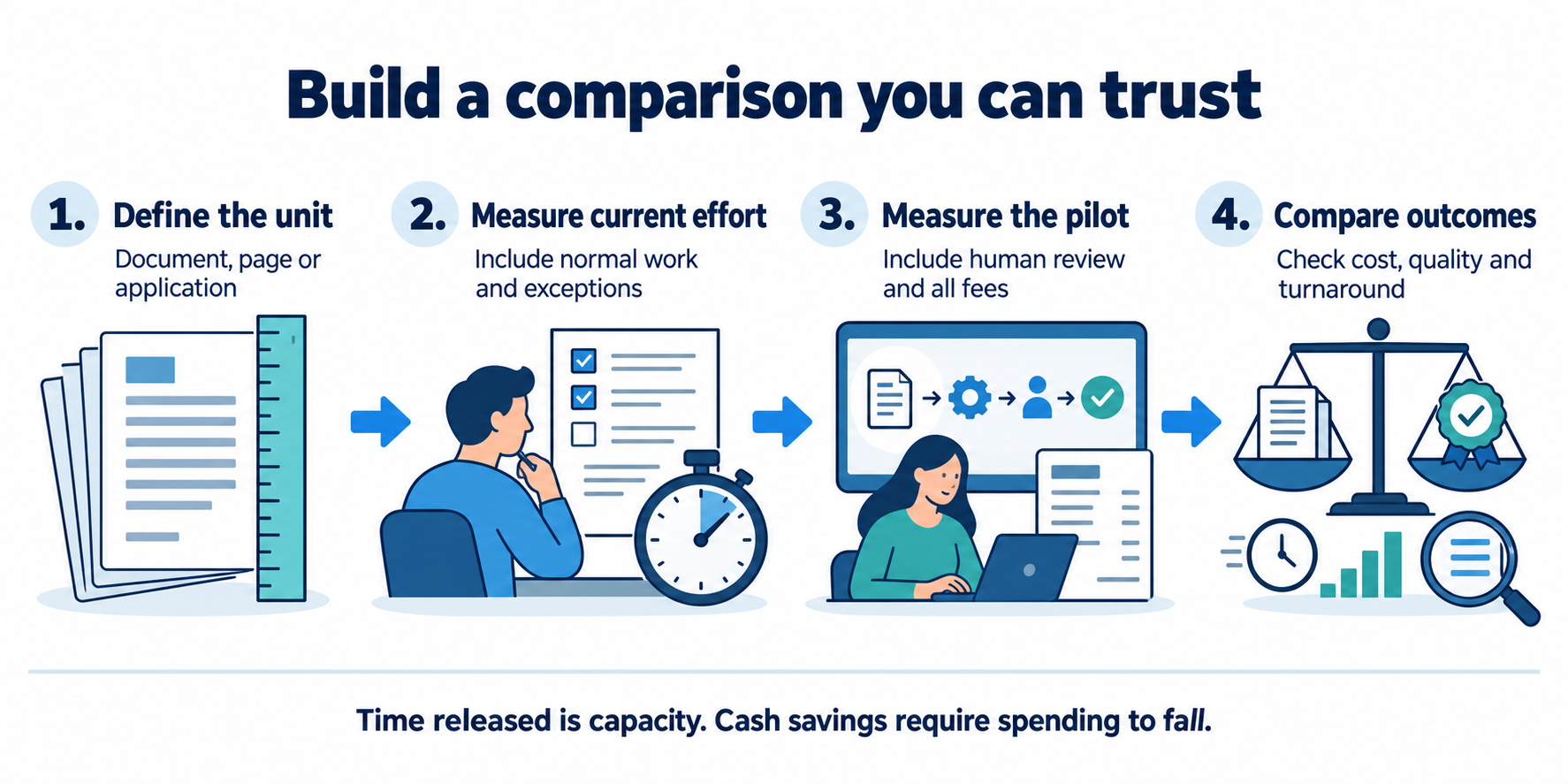 Define the unit, measure current effort including exceptions, measure the pilot including review and fees, and compare cost, quality and turnaround.