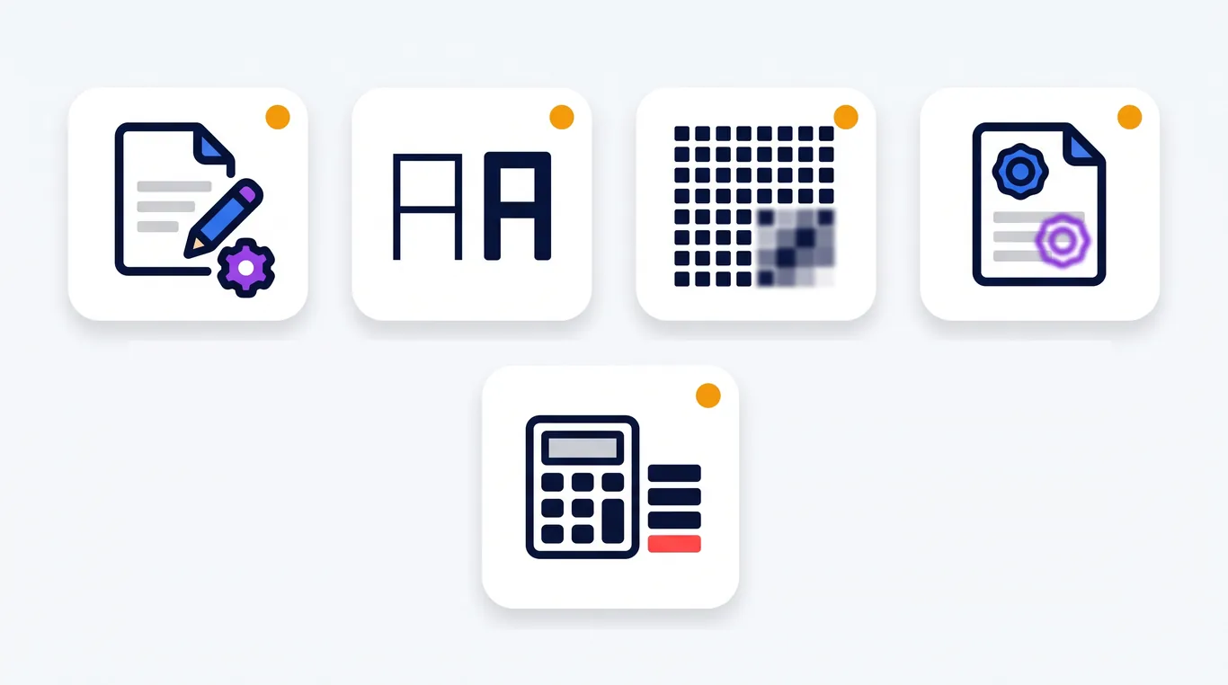 Five icons for edited salary slip signs: editor metadata, mixed fonts, uneven compression, duplicate logo, broken balance