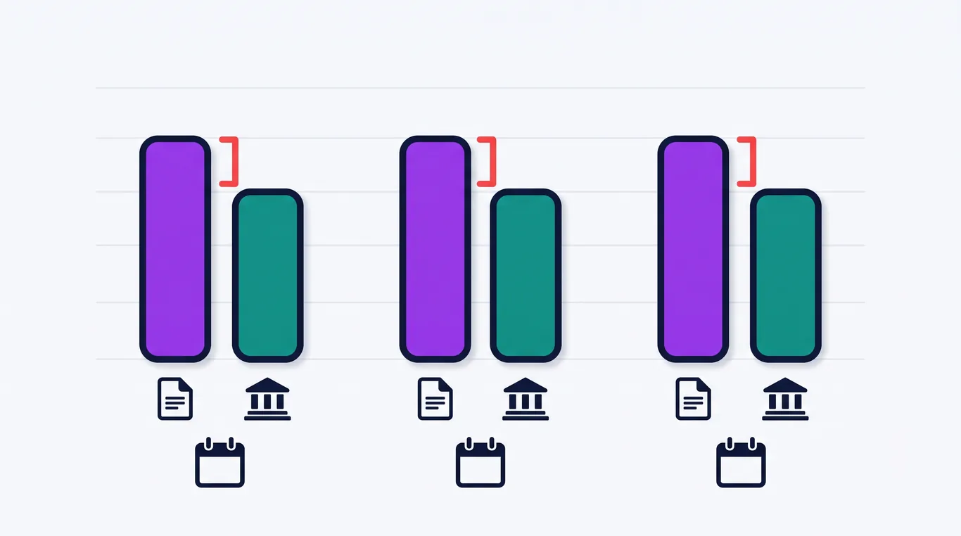 Paired bar chart showing salary slip net pay higher than the actual bank credit in each of three months