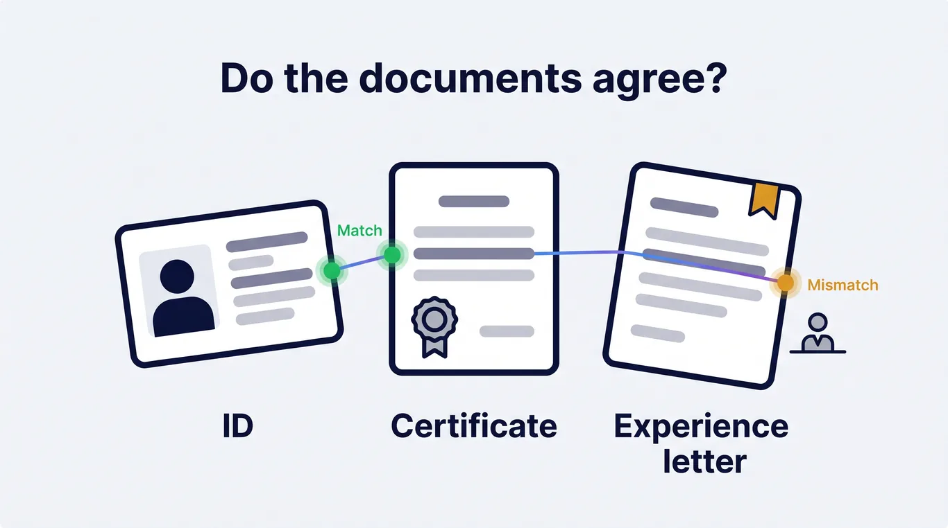 Three documents from one application linked together, with one fact that does not match flagged for review