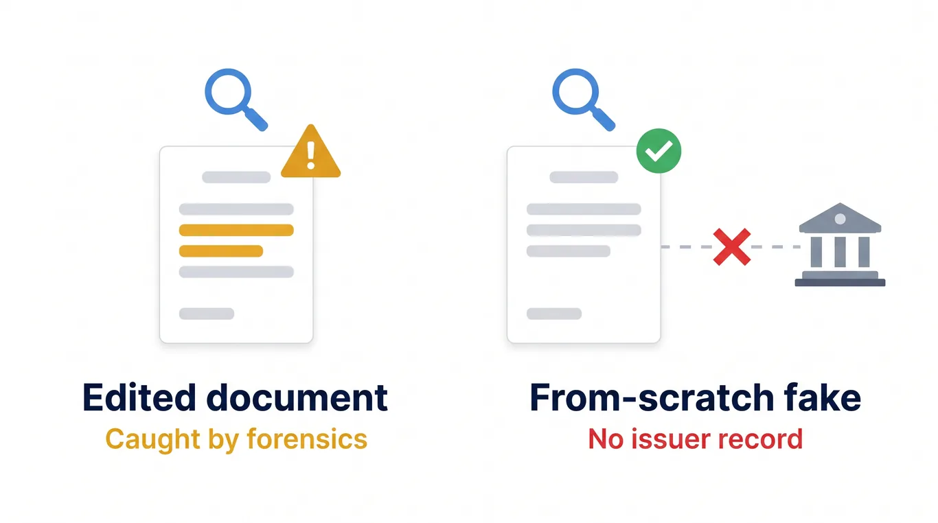 An edited genuine certificate caught by tamper screening, next to a from-scratch fake that passes screening but has no issuer record