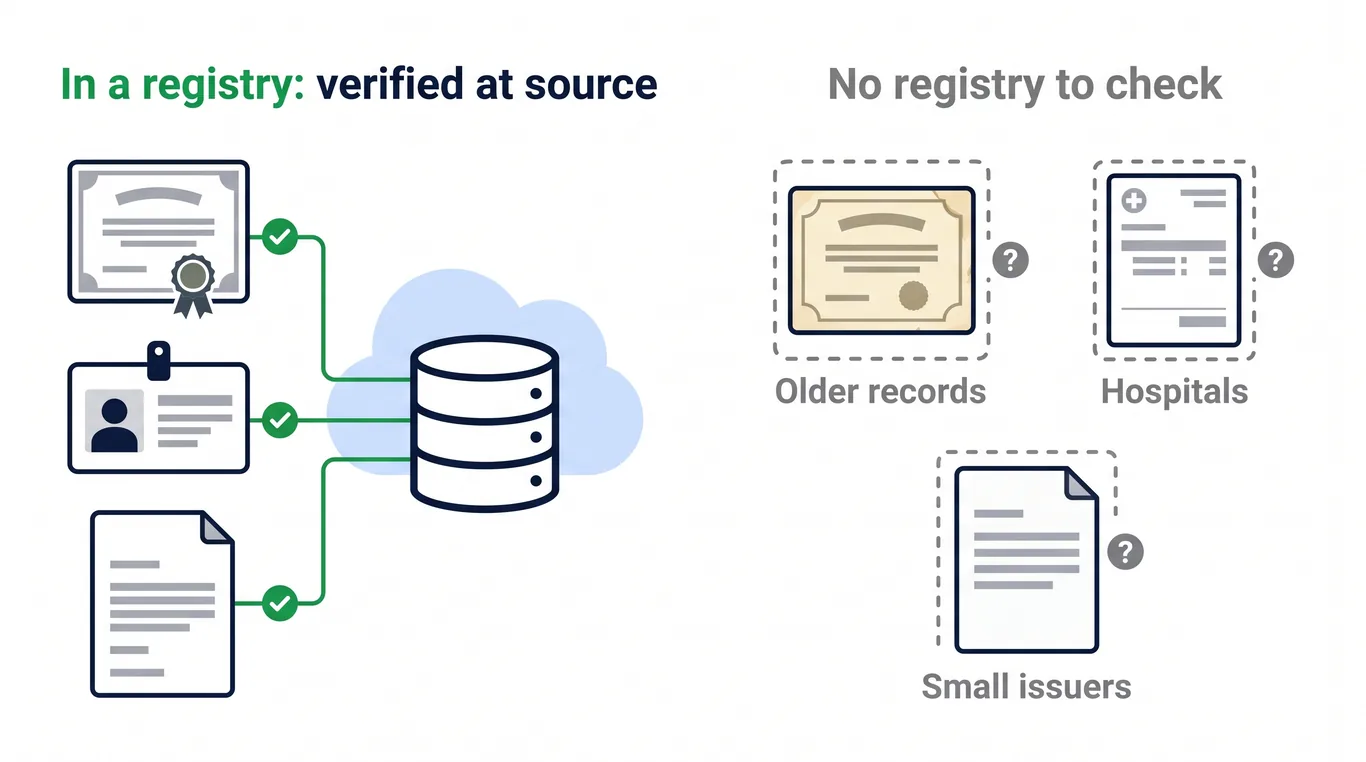 Documents connected to an official registry and verified, while older, hospital and small-issuer documents have no registry to query