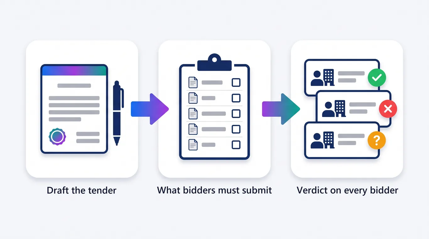 Three stages: a drafted tender, a checklist of what bidders must submit, and a verdict badge on every bidder